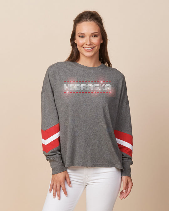 Gray Nebraska Long Sleeve Shirt with Red & White Striped Sleeves | Multiple Sizes | Nature Find & Designs