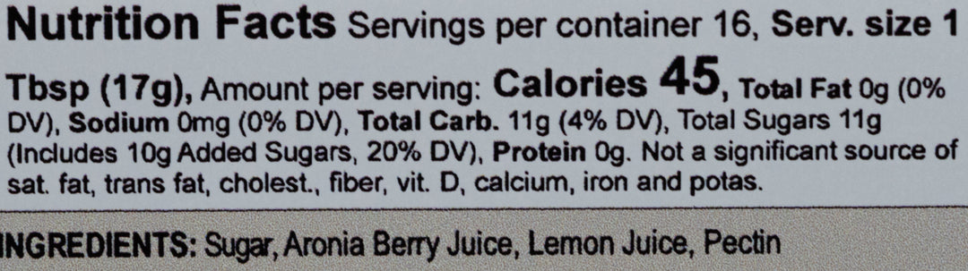 Ingredients and Nutrition Facts For Aronia Berry Jelly 