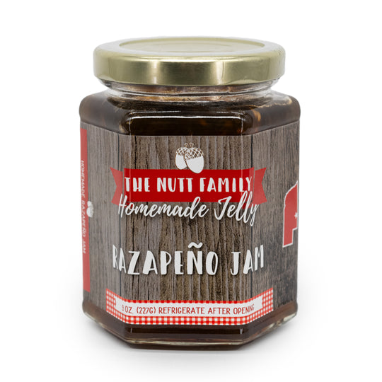 Razapeño Jam | 8 oz. Jar | Raspberry & Jalapeno Jam | Fruity Spice | Homemade Pepper Spread | Made in Ravenna, NE | Nutt Family Jams and Jellies