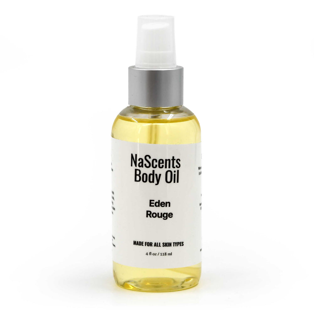 Bottle of NaScents Body Oil with a white label on a white background