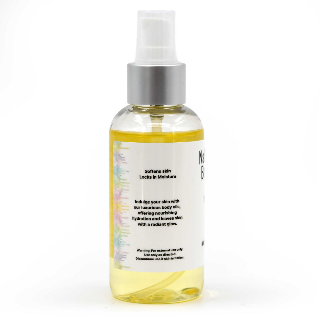 Bottle of natural body oil with a white label on a white background
