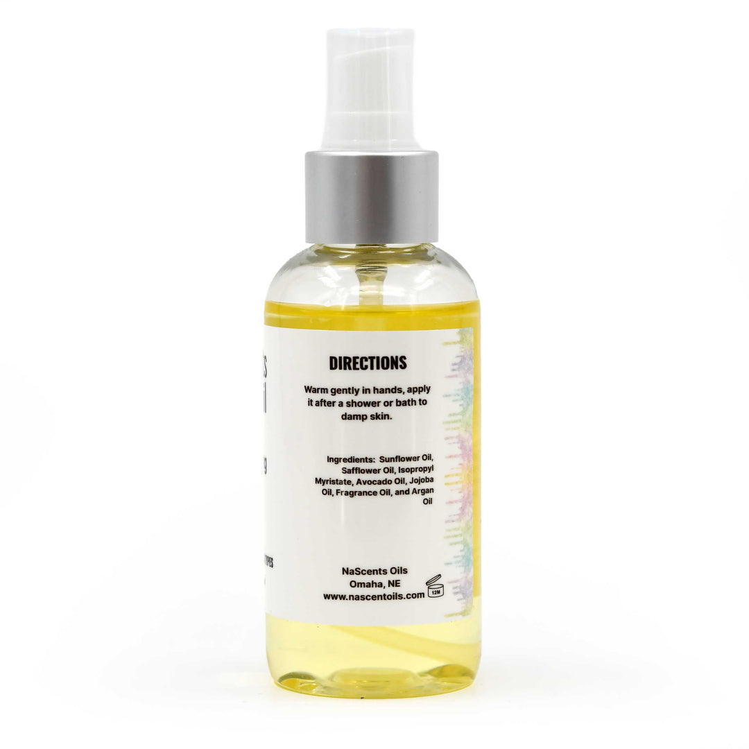 Bottle of oil with a label on a white background