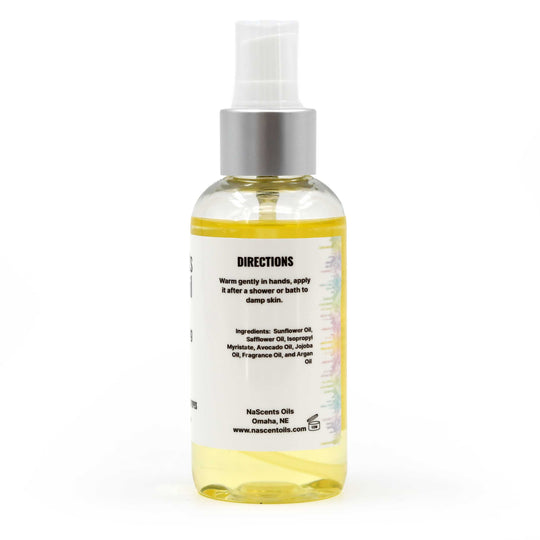 Bottle of oil with a label on a white background