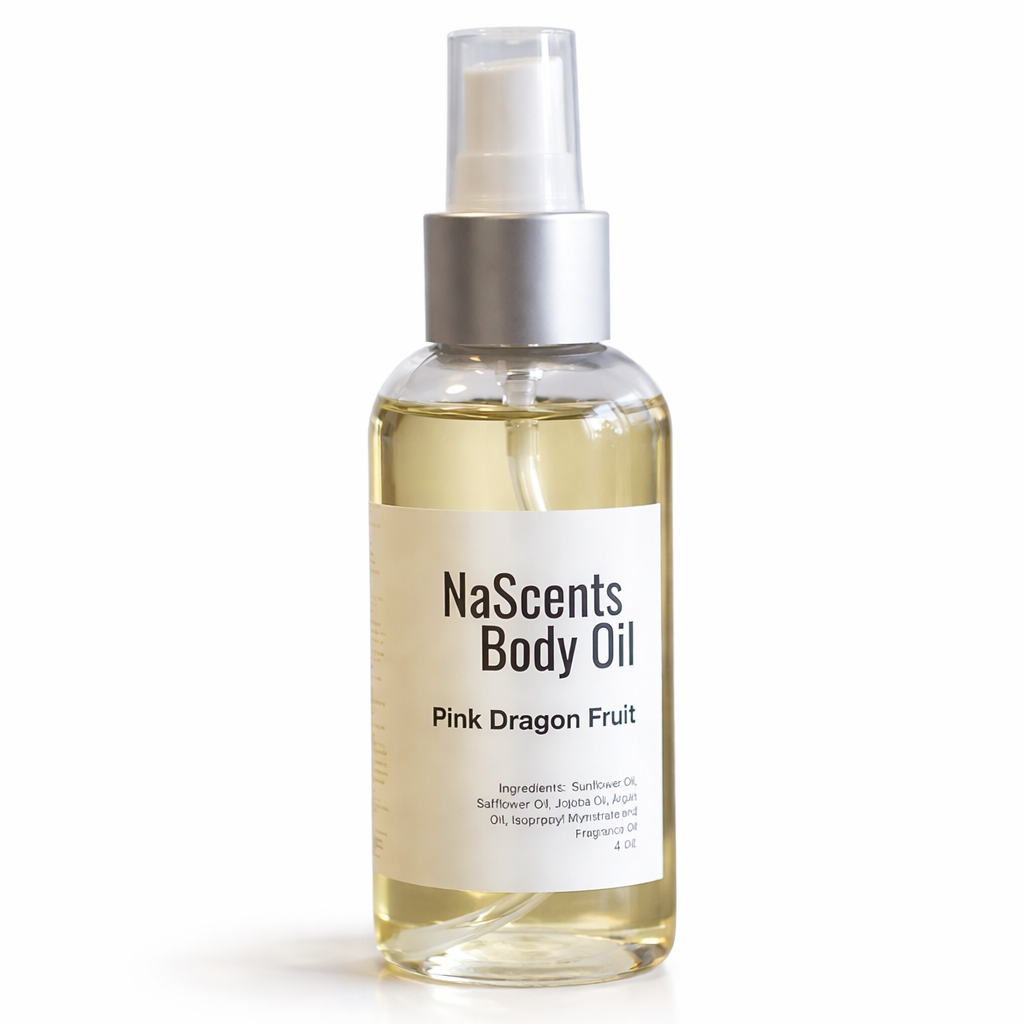 Bottle of NaScents Body Oil with a white label on a white background