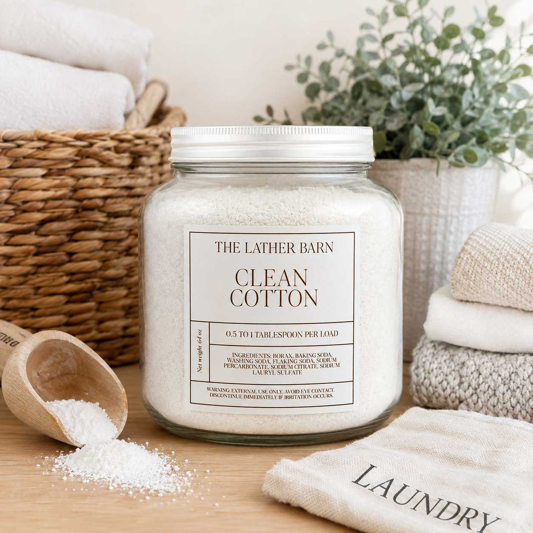 A large glass jar of 'The Lather Barn' Clean Cotton laundry detergent sits on a wooden surface surrounded by laundry-themed props, including a wooden scoop with white pods spilled, a beige towel printed with 'LAUNDRY', folded towels, and a potted eucalyptus plant in the background.