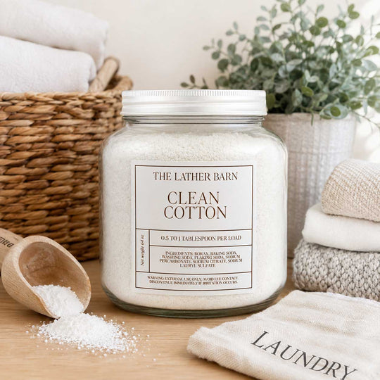 A large glass jar of 'The Lather Barn' Clean Cotton laundry detergent sits on a wooden surface surrounded by laundry-themed props, including a wooden scoop with white pods spilled, a beige towel printed with 'LAUNDRY', folded towels, and a potted eucalyptus plant in the background.