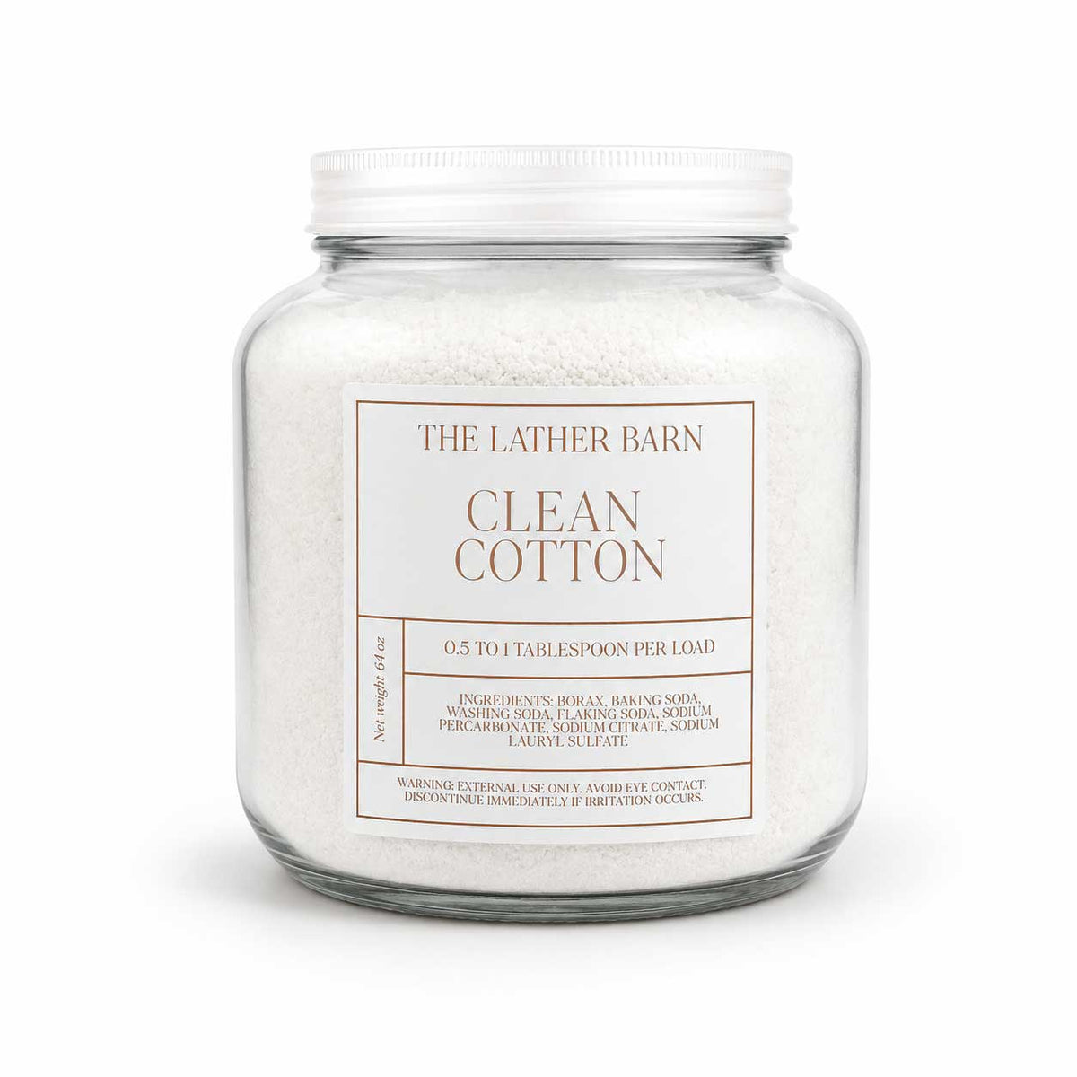 A glass jar filled with white cotton laundry detergent, featuring a white metal lid and a white label that reads 'THE LATHER BARN CLEAN COTTON'.