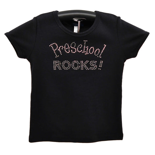 Black t-shirt with 'PreSchool ROCKS!' text on a hanger against a white background