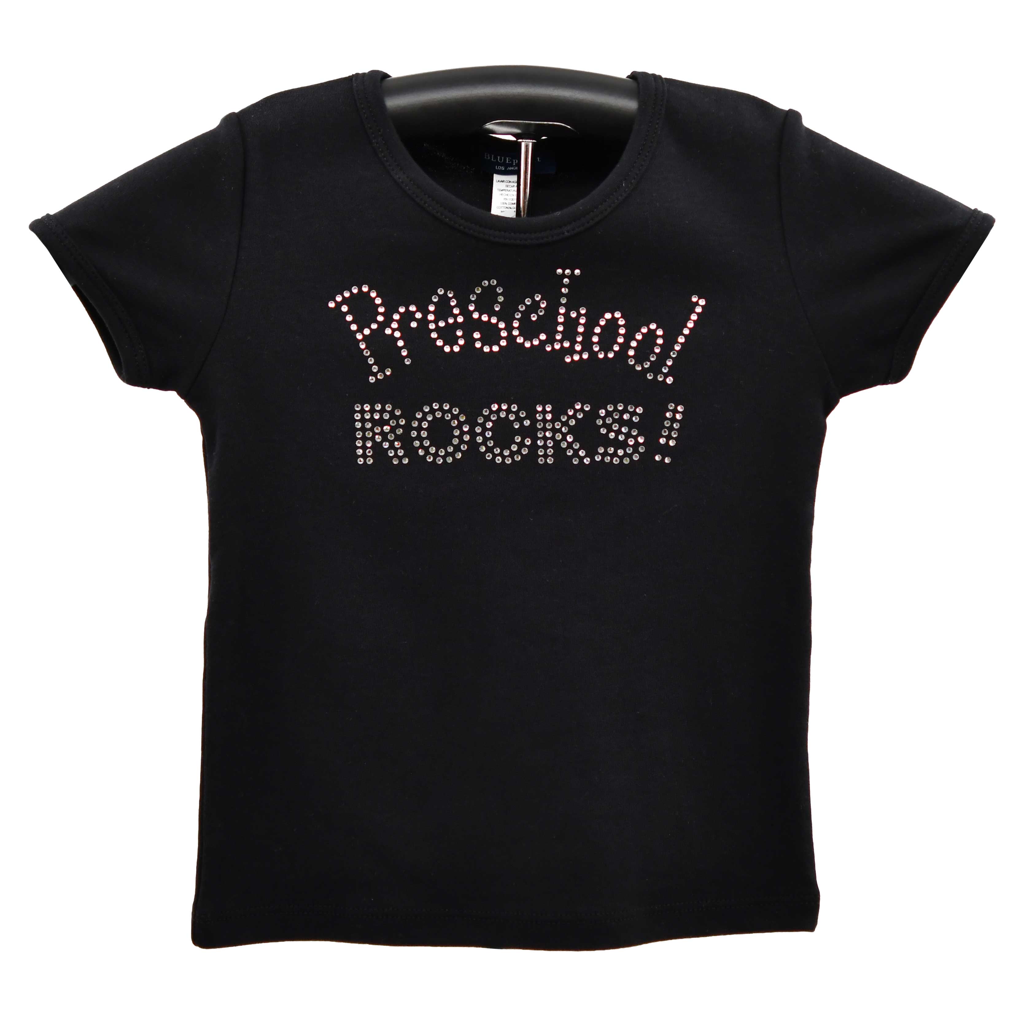 Black t-shirt with 'PreSchool ROCKS!' text on a hanger against a white background