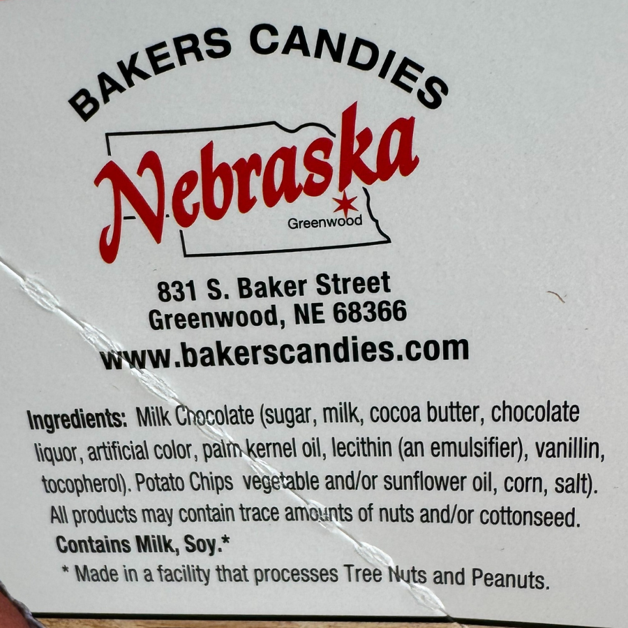 Baker's Candies Logo with their address and website. Ingredients and product may contain warnings.