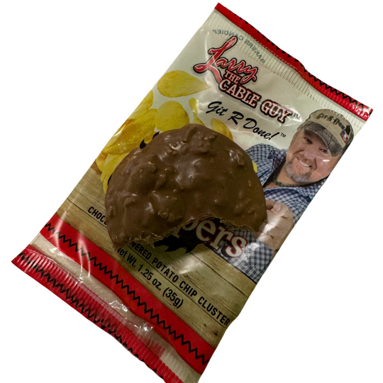 Baker's Candies Larry the Cable Guy Chocolate Chippers package with Chocolate chipper with a bite taken out of sitting ontop of package on a white background.