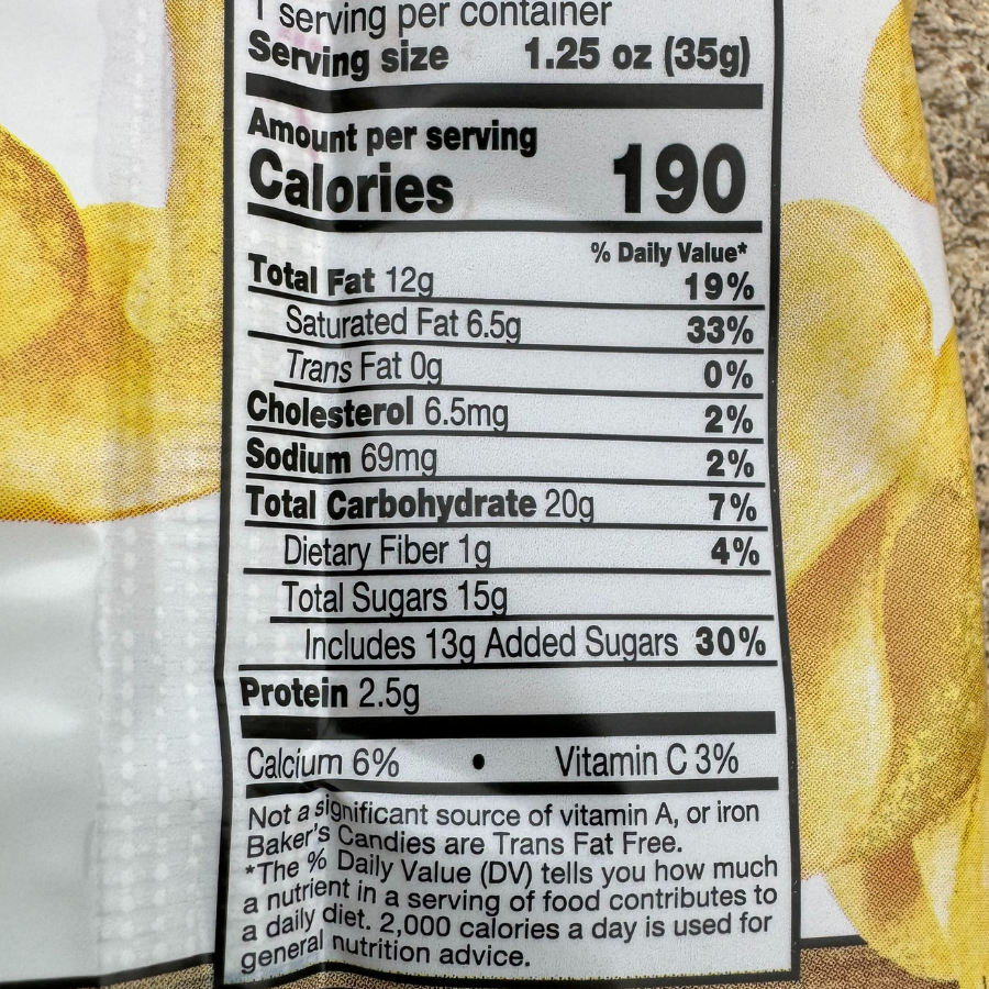 Nutrition Facts on the back of Baker's Candies Larry the Cable Guy's: Larry's Chocolate Chippers.