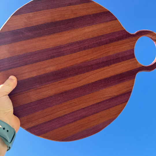 Exotic Wood Cutting Board | African Purple Heart & Padauk Wood | Cheese Board | Round Handcrafted Serving Trey | Perfect for Charcuterie Display | Pizza Holder | 15"X12"X0.5"