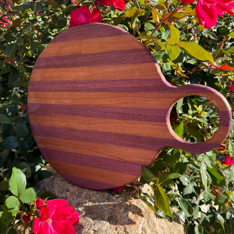 Exotic Wood Cutting Board | African Purple Heart & Padauk Wood | Cheese Board | Round Handcrafted Serving Trey | Perfect for Charcuterie Display | Pizza Holder | 15"X12"X0.5"