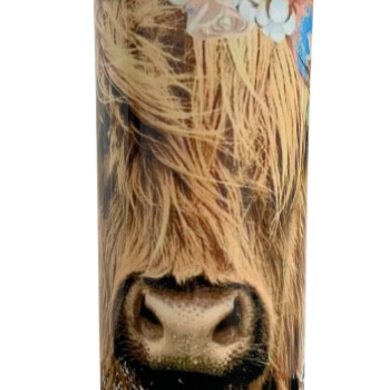 Handmade Skinny Tumbler | Highland Cow With Floral Design | 20 oz