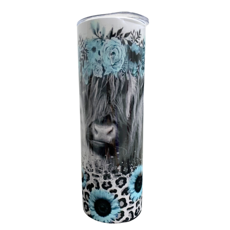 Handmade Skinny Tumbler | Highland Cow With Turquoise Floral Design | 20 oz