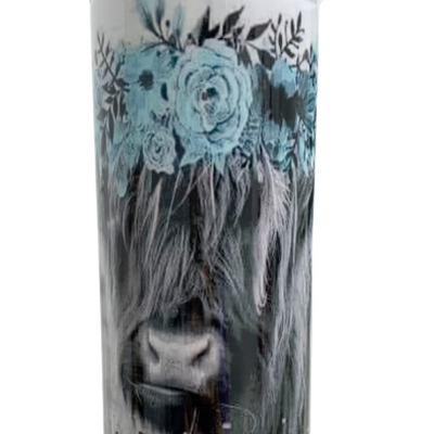 Handmade Skinny Tumbler | Highland Cow With Turquoise Floral Design | 20 oz