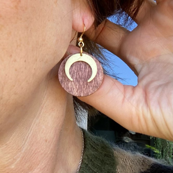 Crescent Moon Dangle Earring | Walnut & Gold Color | Lightweight Earring | Classy & Simple Earring | Handmade Jewelry