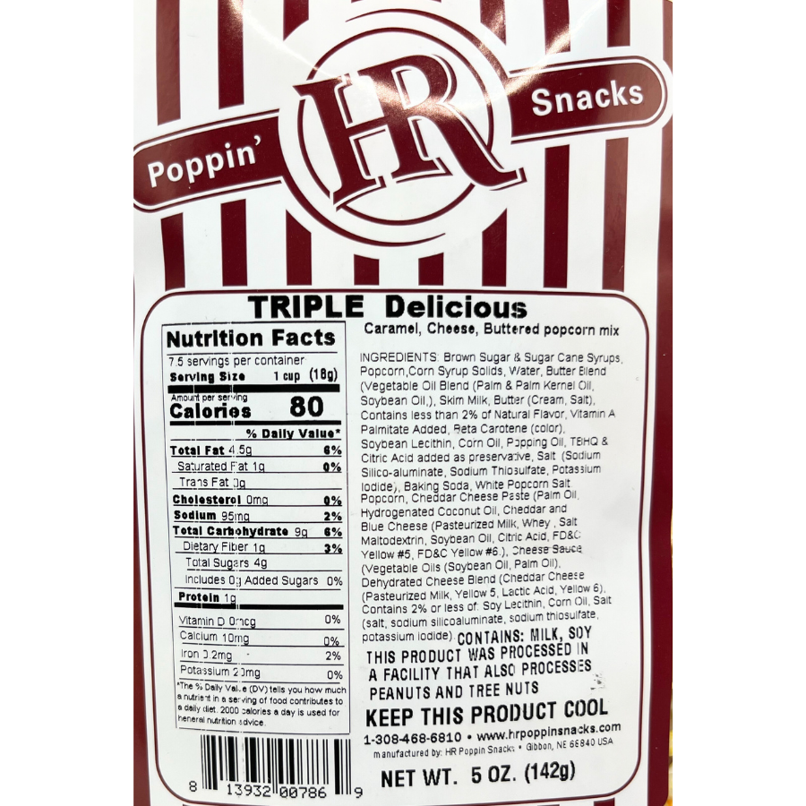 Triple Delicious Popcorn | 5 oz. | Pack of 3 | Caramel, Cheese, & Butter Popcorn Mix | Savory Snack | Made in Gibbon, NE | HR Poppin' Snacks