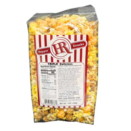 Triple Delicious Popcorn | 5 oz. | Pack of 3 | Caramel, Cheese, & Butter Popcorn Mix | Savory Snack | Made in Gibbon, NE | HR Poppin' Snacks