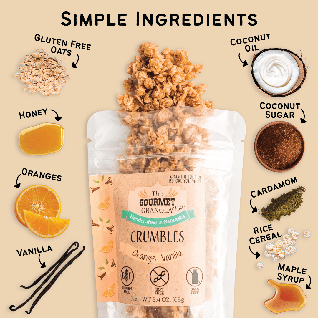 Orange Vanilla Crumbles | 2.4 oz. Bag | Vegan | Hints of Refreshing Citrus | Made in Omaha, NE | The Gourmet Granola