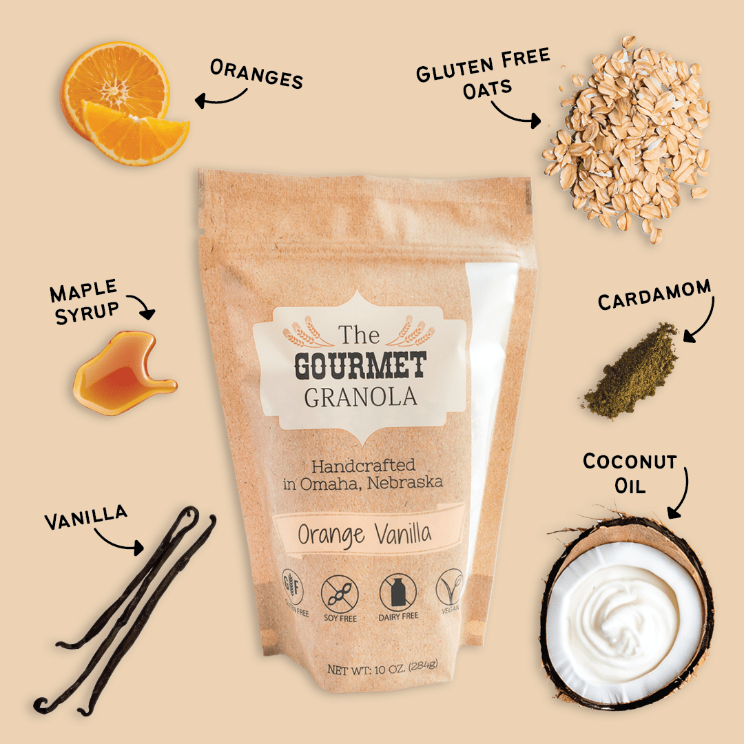 Orange Vanilla Granola | 10 oz. Bag | 3 Pack | Vegan | Blend Of Orange, Vanilla, & Cardamom | Made in Omaha, NE | The Gourmet Granola