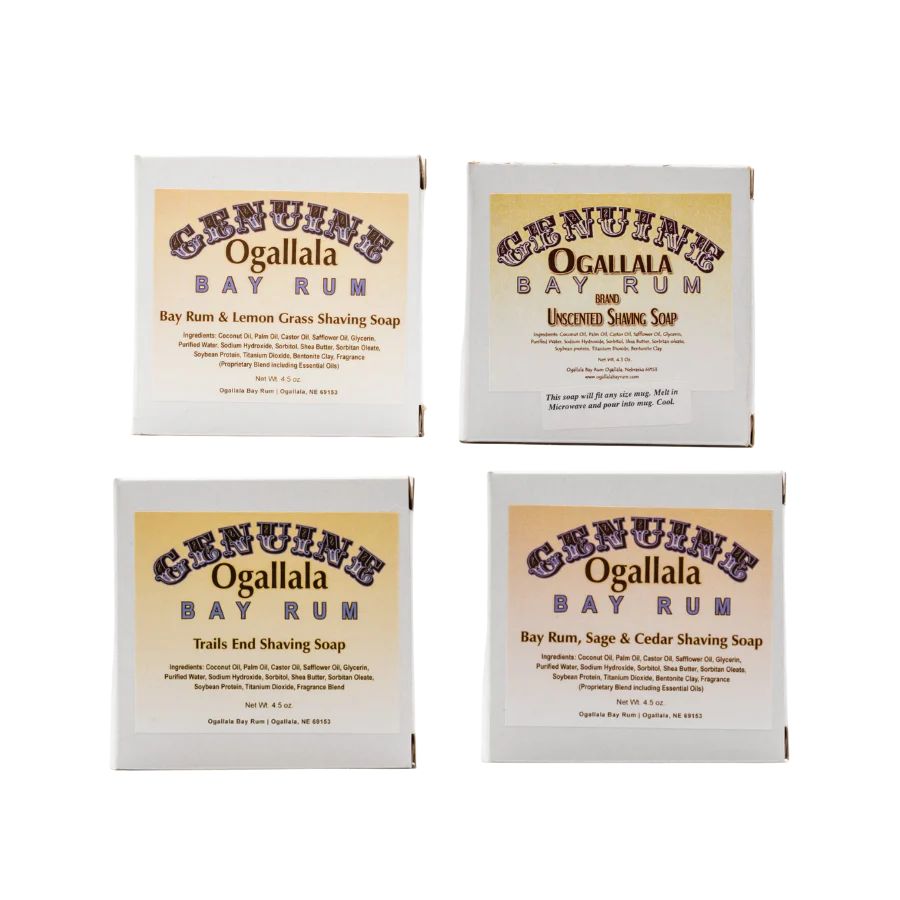 A variety of Ogallala Bay Rum Shaving Soap on a white background