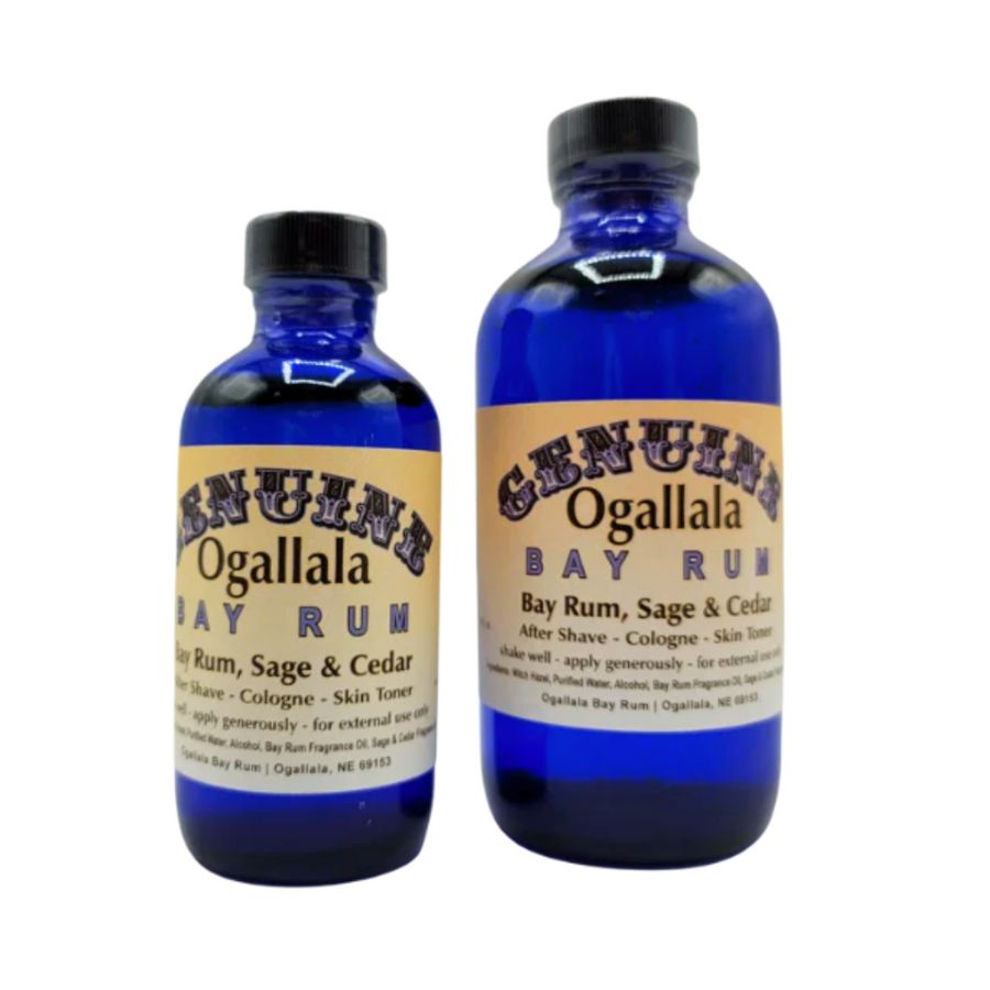 4 ounce and 8 ounce bottles of Ogallala Bay Rum: Bay Rum, Sage & Cedar Cologne/Aftershave on a white background