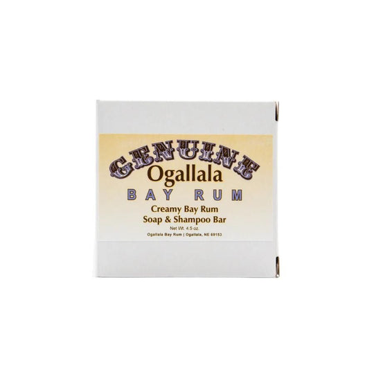 Ogallala Bay Rum Creamy Bay Rum Soap & Shampoo Bar box on a white background