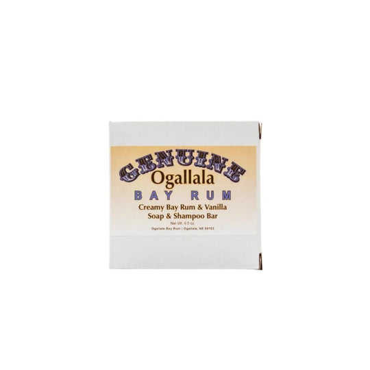 Ogallala Bay Rum Creamy Bay Rum & Vanilla Soap & Shampoo Bar box on a white background