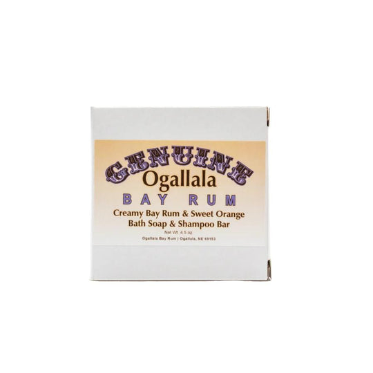 Ogallala Bay Rum Creamy Bay Rum & Sweet Orange Bath Soap & Shampoo Bar box on a white background