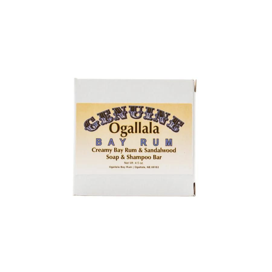 Ogallala Bay Rum Creamy Bay Rum & Sandalwood Soap & Shampoo Bar box on a white background