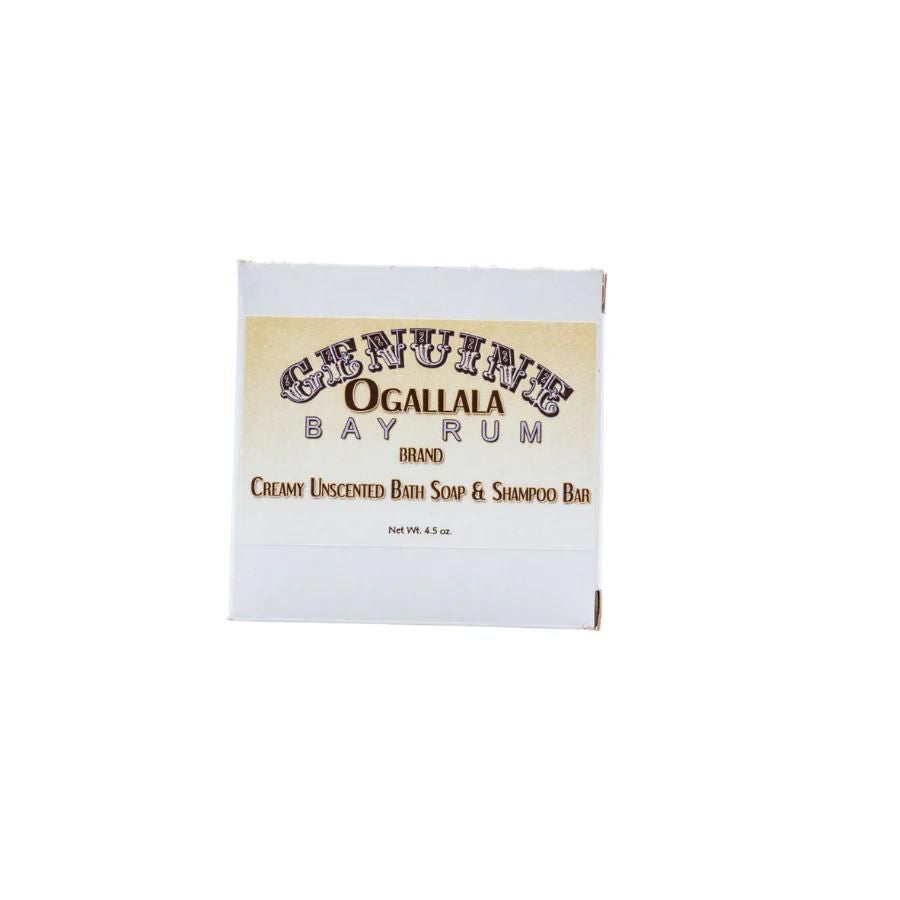 Ogallala Bay Rum Creamy Unscented Bath Soap & Shampoo Bar Box on a white background