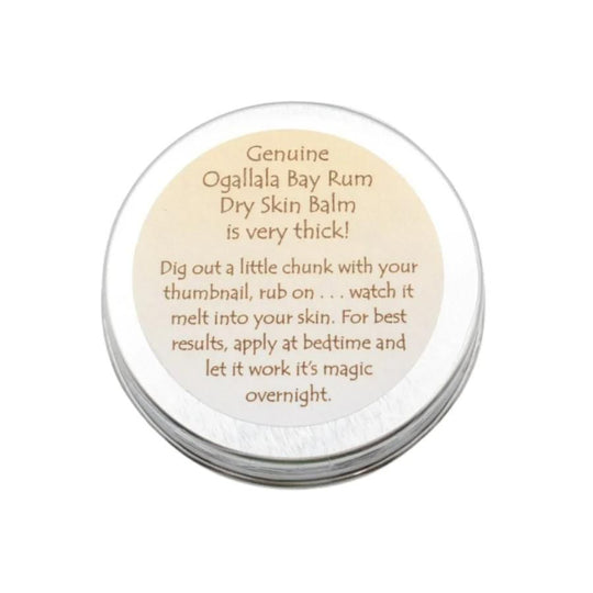 The back of an Ogallala Bay Rum Dry Skin Balm on a white background