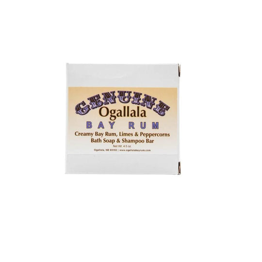 Ogallala Bay Rum Creamy Bay Rum, Limes & Peppercorns Bath Soap & Shampoo Bar box on a white background