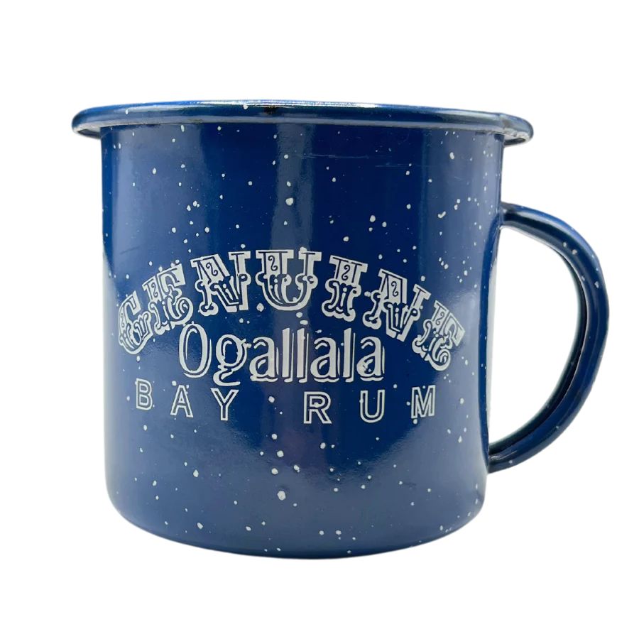 Ogallala Bay Rum Blue and White Spotted Mug on a white background