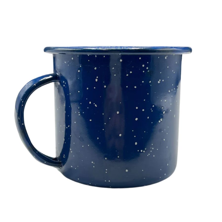 The back of an Ogallala Bay Rum blue and white spotted mug on a white background