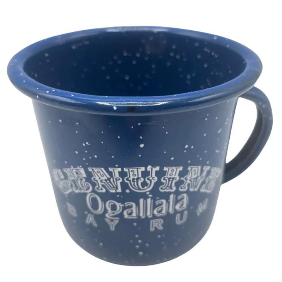 The top of an Ogallala Bay Rum Blue and White Spotted mug on a white background