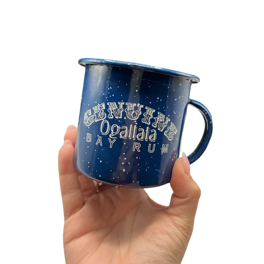 Ogallala Bay Rum Blue and White Spotted Mug on a white background