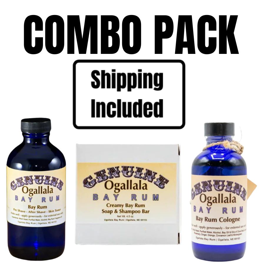 A three pack with Ogallala Bay Rum After Shave, Creamy Bay Rum Soap & Shampoo Bar, and Cologne on a white background