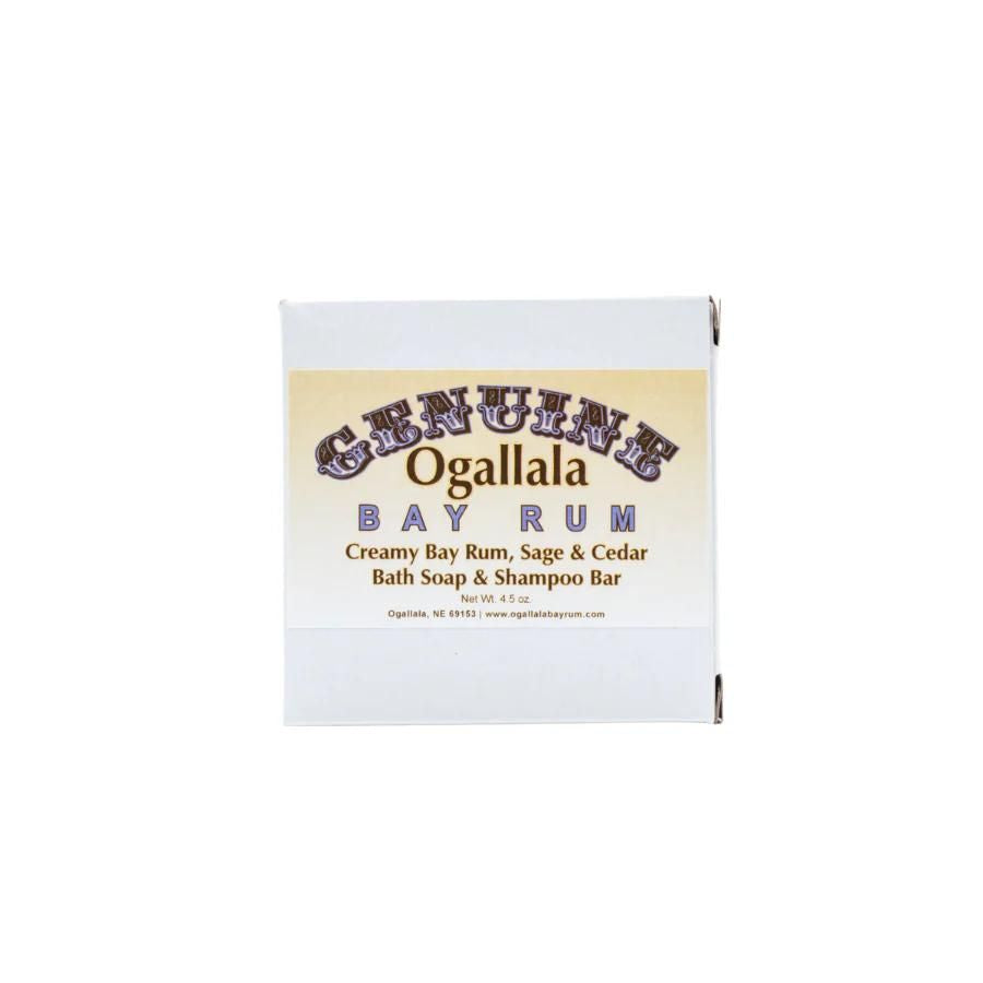 Ogallala Bay Rum Creamy Bay Rum, Sage & Cedar Bath Soap & Shampoo Bar box on a white background