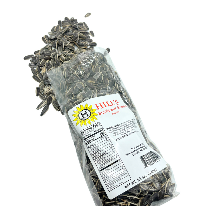 Front angle of Hill's Original Sunflower Seeds Bag with seeds pouring out of bag