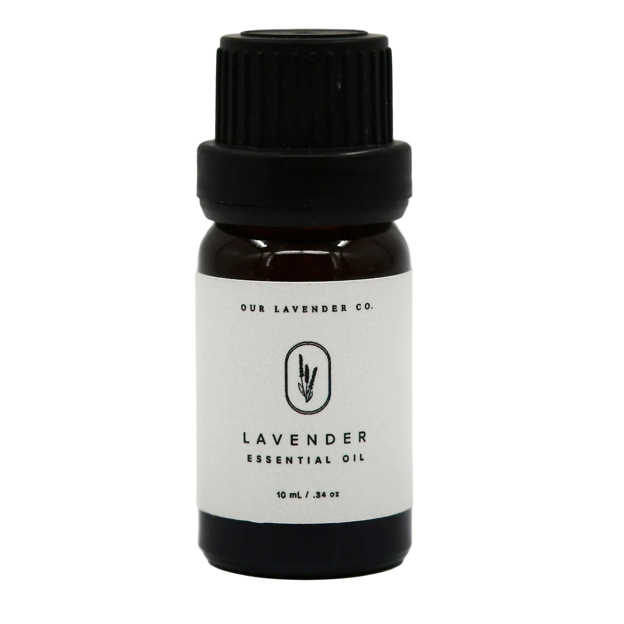 Bottle of lavender essential oil with a black cap on a white background