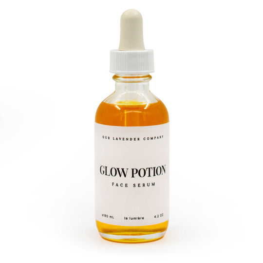 Bottle of 'Glow Potion' face serum with a white label on a white background