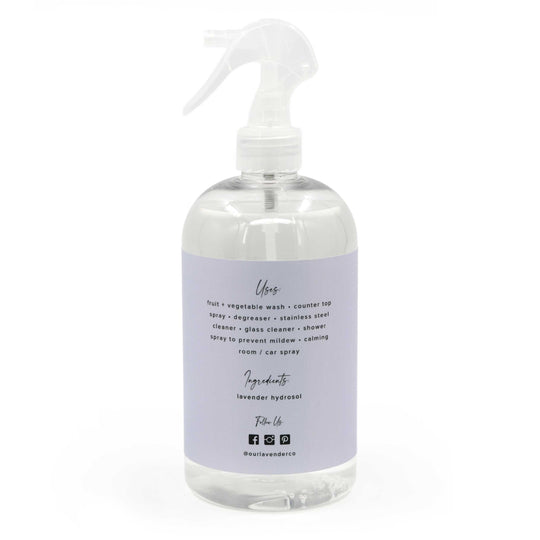 Clear bottle with a purple label on a white background