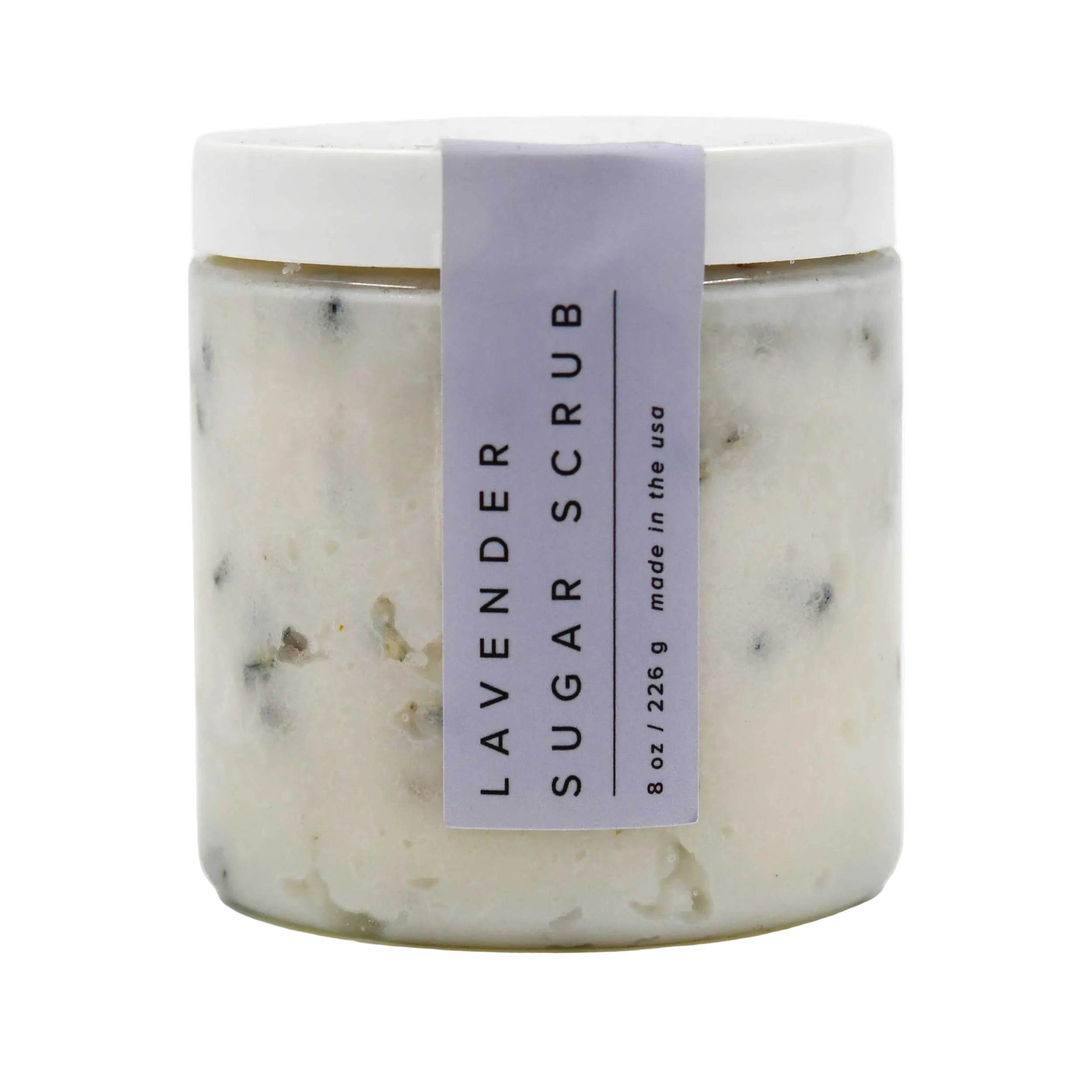 Jar of lavender sugar scrub with a purple label on a white background