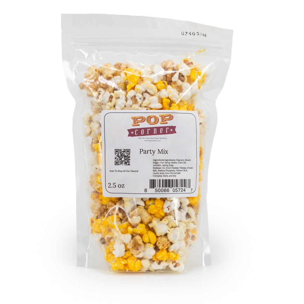 Party Mix Popcorn | 2.5 oz. | 3 Pack | Caramel, Cheddar, & White Popcorn | Triple Delicious | Pop Corner | Made in North Platte, NE