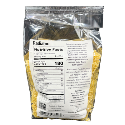 Radiatori Pasta | Hand Made Artisan Pasta | Small, Squat Pasta Shape | Works Well With Thicker Sauces | Used In Casseroles, Salads, & Soups | Pagoda Pasta | Pairs Nicely With Zinfandel Or Cabernet Franc Wine | Nebraska Pasta