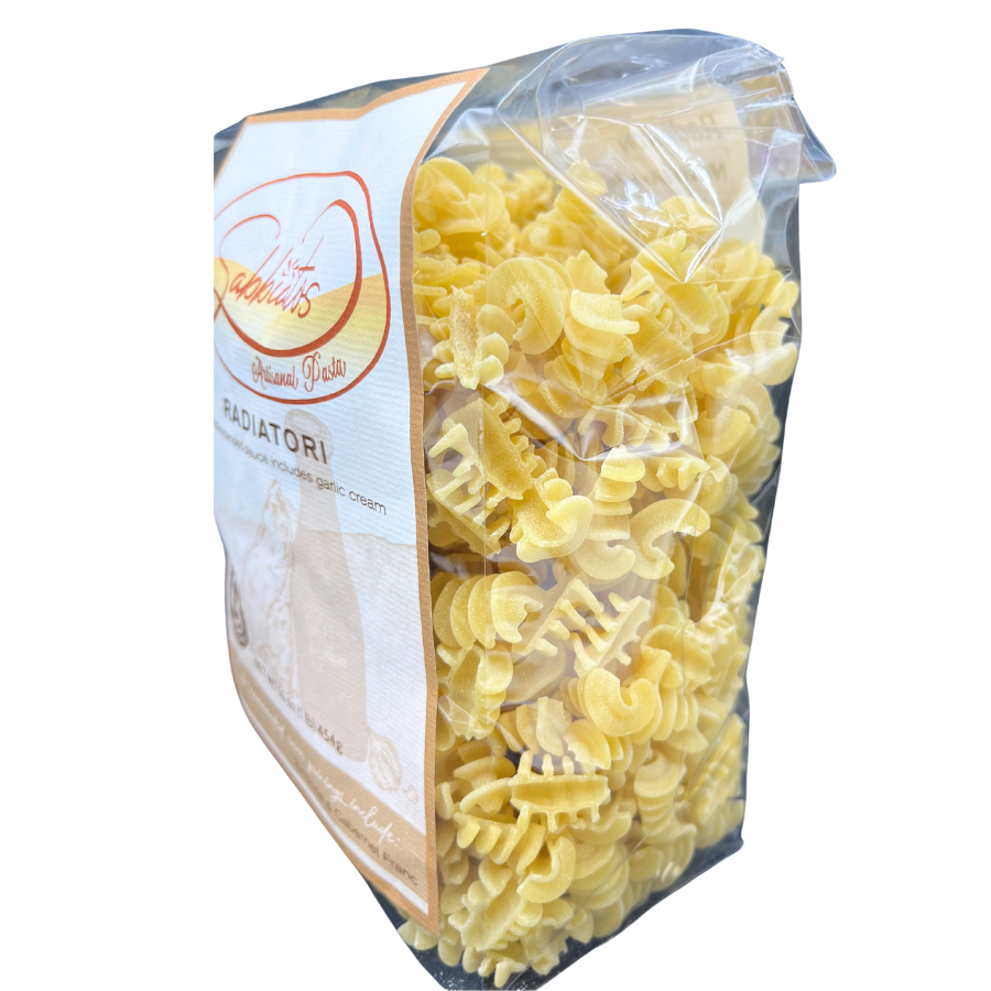 Radiatori Pasta | Hand Made Artisan Pasta | Small, Squat Pasta Shape | Works Well With Thicker Sauces | Used In Casseroles, Salads, & Soups | Pagoda Pasta | Pairs Nicely With Zinfandel Or Cabernet Franc Wine | Nebraska Pasta