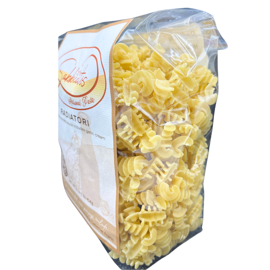 Radiatori Pasta | Hand Made Artisan Pasta | Small, Squat Pasta Shape | Works Well With Thicker Sauces | Used In Casseroles, Salads, & Soups | Pagoda Pasta | Pairs Nicely With Zinfandel Or Cabernet Franc Wine | Nebraska Pasta